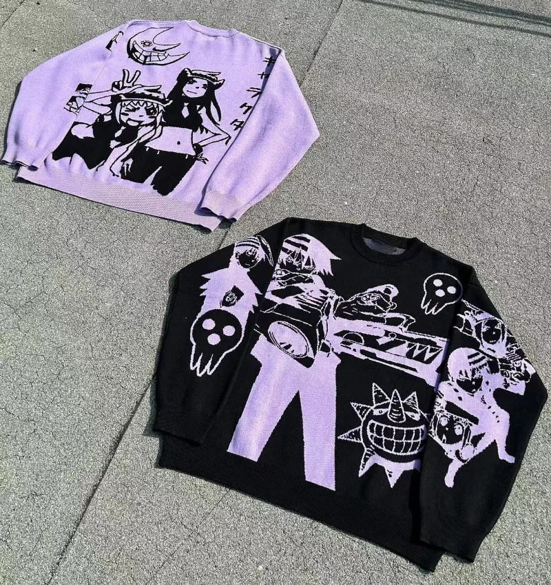 

Y2K Gothic Sweater Women Harajuku Oversize Sweatshirt Men Anime Knitwear Embroidery Pullover Kpop Fashion Top Streetwear Clothes