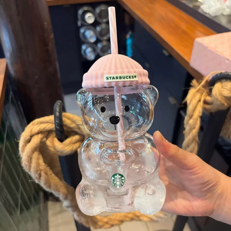 Фото Коллекционный стакан Starbucks Korea Limited Release, 591 мл, стеклянный, в форме медведя, с розовой силиконовой крышкой и полосатой соломинкой. №5