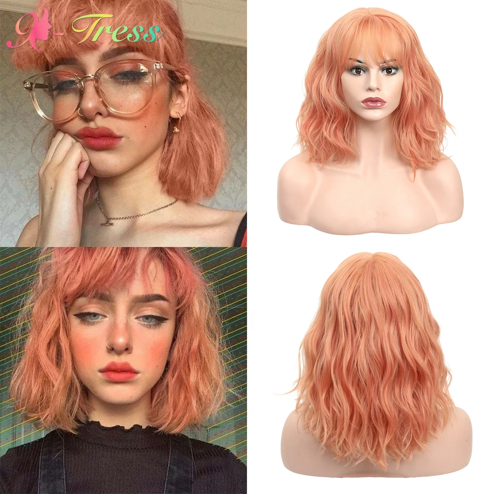 

X-TRESS Short Bob Wig with Bangs Orange Color Synthetic Lolita Wig for Women Shoulder Length Wave Hairstyles for Party Cosplay