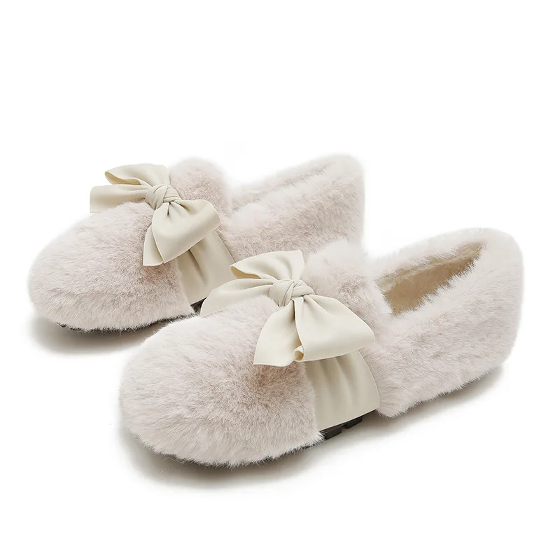 Women Winter Lace Butterfly-Knot Loafers Femme Plush Cotton Mocasines Fluffy Boots Big Size 35-43 Fur Flats Shoes