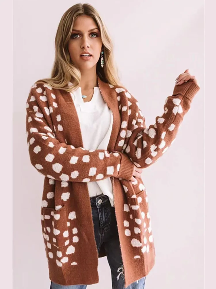 

Sweaters And Cardigans Leopord Cardigans Women Knitted Halter Coats V-Neck Fashion High Street Cardigan For Women Winter