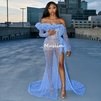 sparkly blue sequins prom dress 2022 for black girls aso ebi boat neck long sleeve mermaid evening gowns slit short pant party