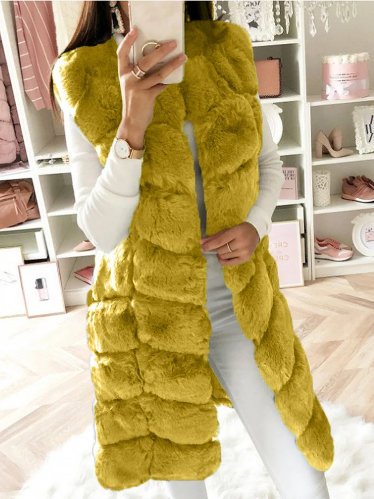 Autumn Winter Fashion Luxury Warm Sleeveless Faux Fur Coat Women 2022Casual O-neck Long Fur Vest Elegant Ladies Office Waistcoat