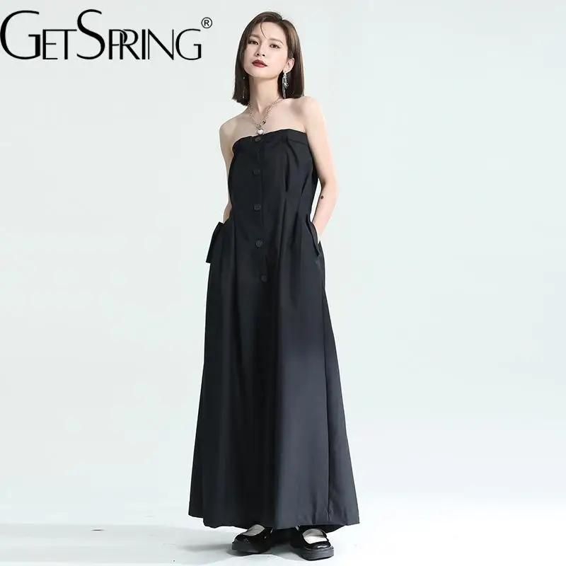 

GetSpring Women Dress 2022 Summer Strapless Sleeveless Single Breasted Loose Long Black Blazer Dress Fashion All Match