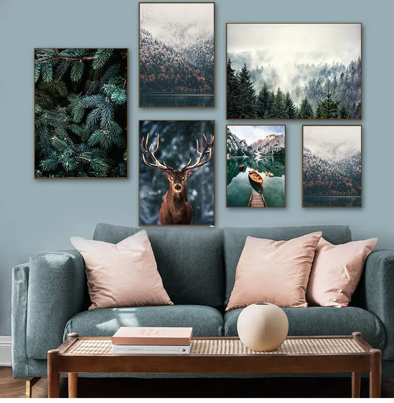 

Nordic Fog Forest Deer Animal Canvas Wall Art Print Painting Mountain Lake Landscape Poster Nature Decorative Picture Home