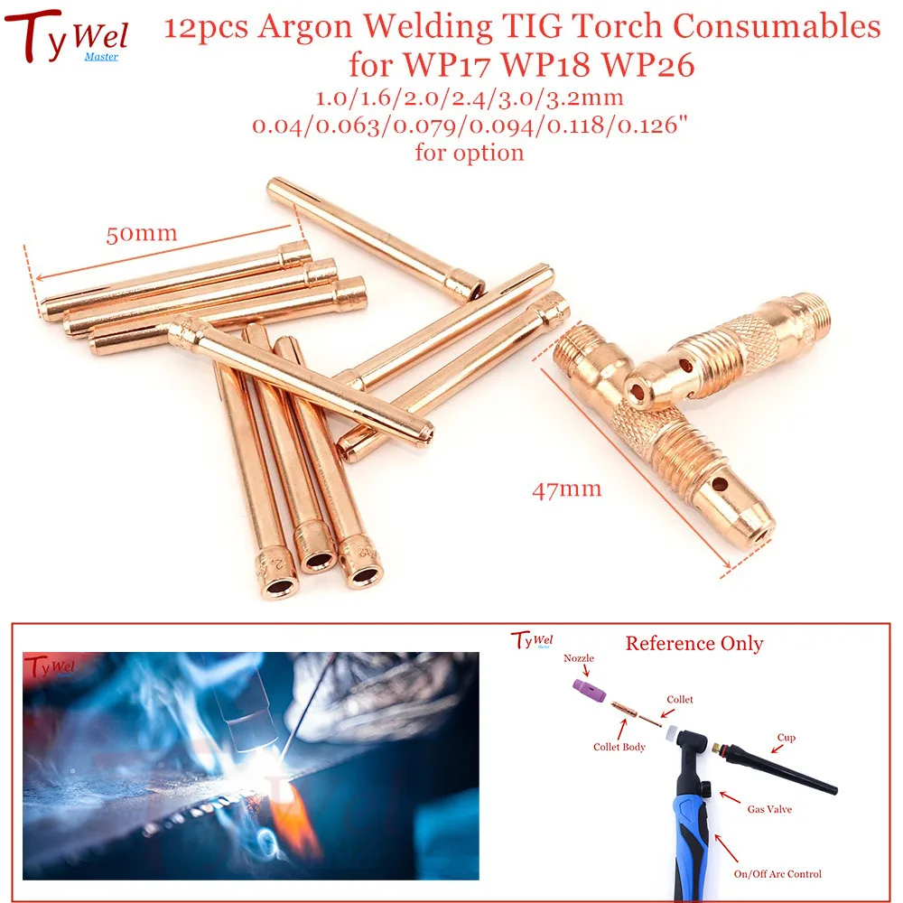 12pcs WP26 Argon Welding TIG Torch Consumable 1.0mm 1.6mm 2.0mm 2.4mm 3.0mm 3.2mm TIG Tungsten Electrodes Collet Body and Collet