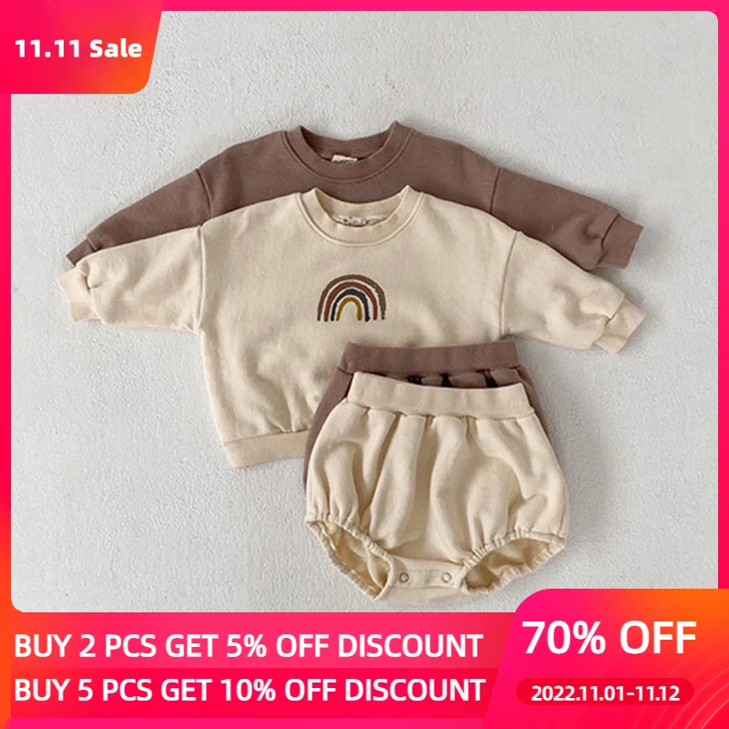 

Baby Boys Girls Rainbow Clothing Set Kids Casual Long Sleeve Rainbow Pullover Sweatshirt Tops + Shorts Toddler Baby Clothes Set