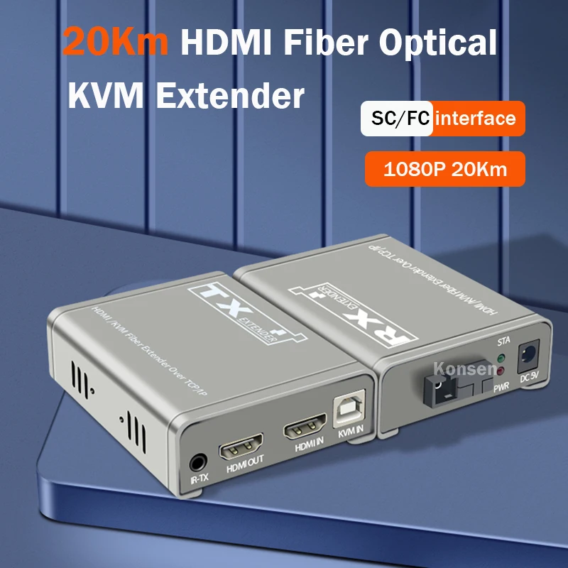 Extensor de fibra KVM HDMI de 20Km con puerto USB2.0 sobre SC/FC, Cable de fibra óptica HDMI a transmisor de Audio de vídeo de fibra