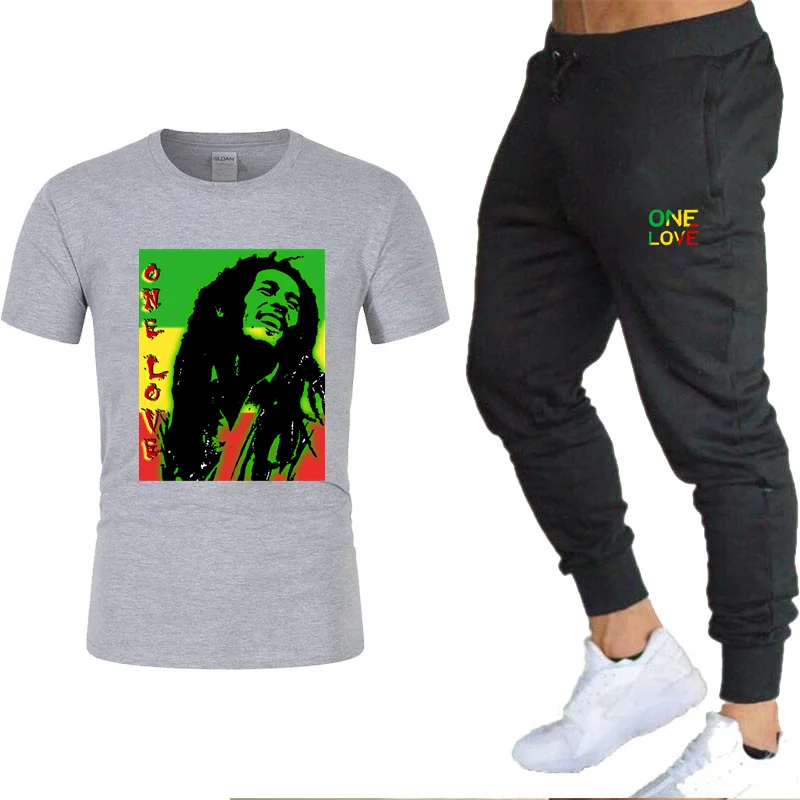 

New Men's Women's T-Shirt Bob Marley One Love Harajuku Print Top Summer Fashion Casual Loose Short Sleeve + Pants Suit Clothes