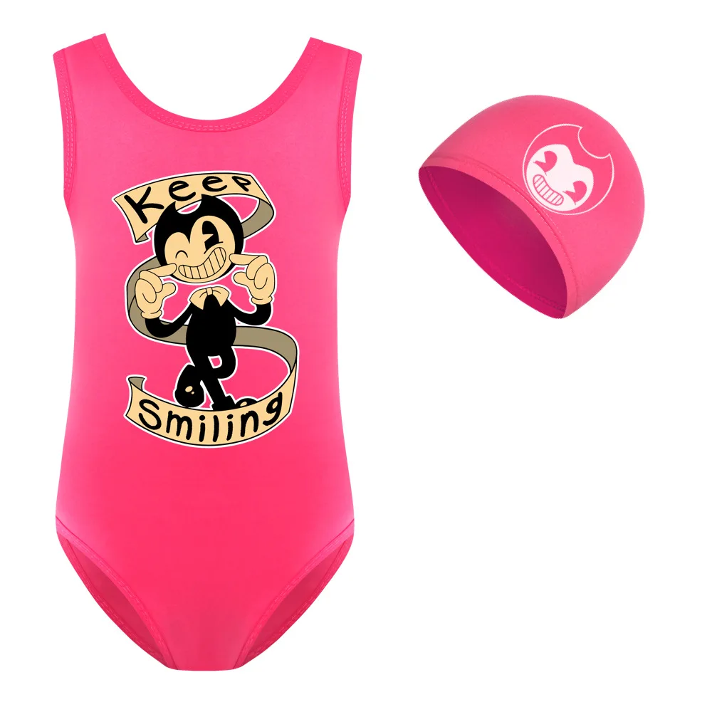 

Bendying and The Ink Machine Swimwear Kids One Piece Beachwear Children Backless Bathingsuit Toddler Girls Swimsuit+cap 2pcs Set
