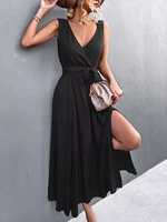 2022 summer sleeveless maxi dress women elegant long party dress ladies v neck floor length dress for women black red