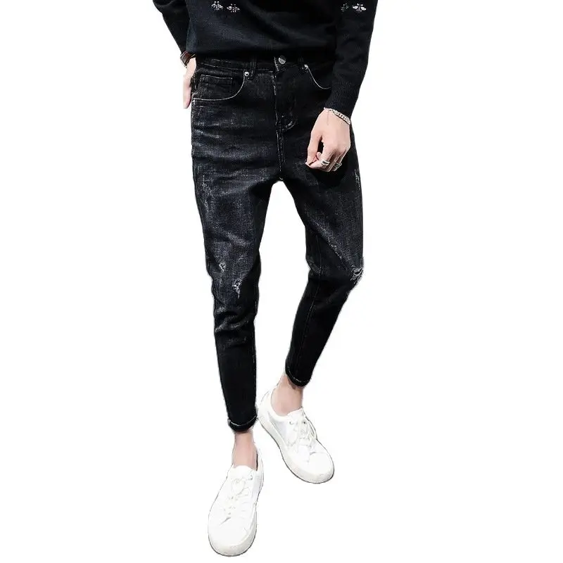 

Мужские Модные джинсы, черные рваные джинсы, повседневная Уличная одежда, мужские облегающие брюки, мужские корейские универсальные ковбой...