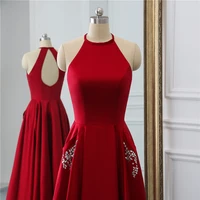 2022 burgundy backless evening dresses crew neck a line prom gowns classic style with pockets robes de soir%c3%a9e vestidos de fiesta