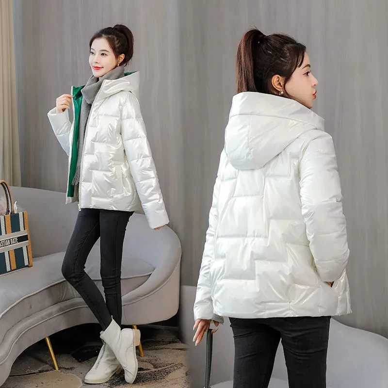 Down Cotton Coat Womens 2022 Autumn Winter New Fashion Loose Casual Padded Jacket Women Large Size Hooded Warm Shiny Parkas