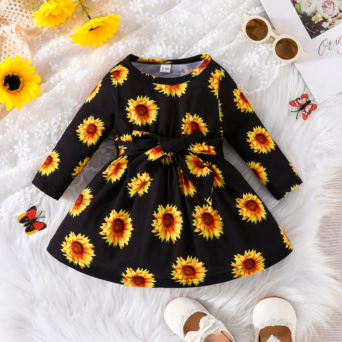 

2023 Baby Girls Spring Autumn Dress Cotton Printed Flowers Butterfly Animals Dress Long Sleeve Pullover Toddler Girls Dress