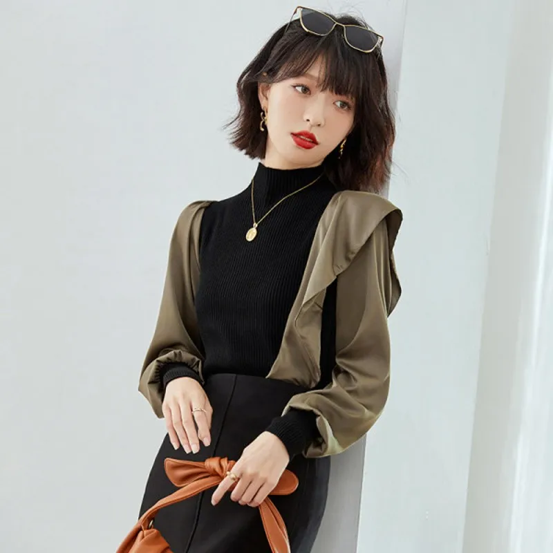 

2022 autumn New Satin Ruffled Knitted Sweater Stitching Top Korean Fashion Chic Pullover Women Tops