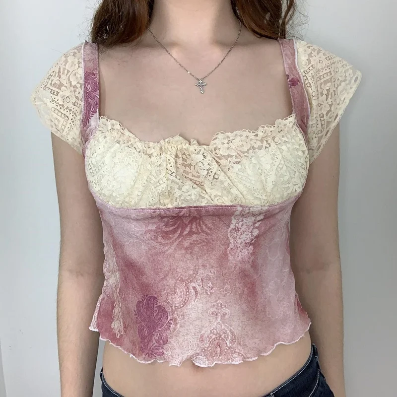 

Musuos Fairy Grunge T-shirts Women Retro Flower Graphic Y2K Pullovers Square Neck Short Sleeve Lace Trim Stitching Crop Tops