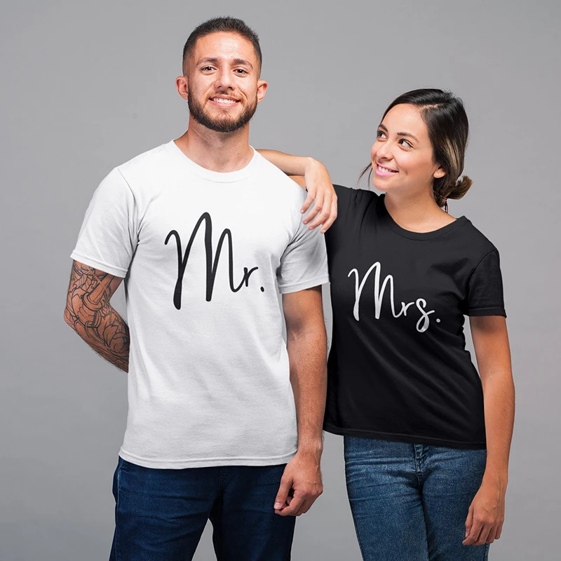 Футболки для пар Mr Mrs хлопковая футболка высокого качества с рисунком женские