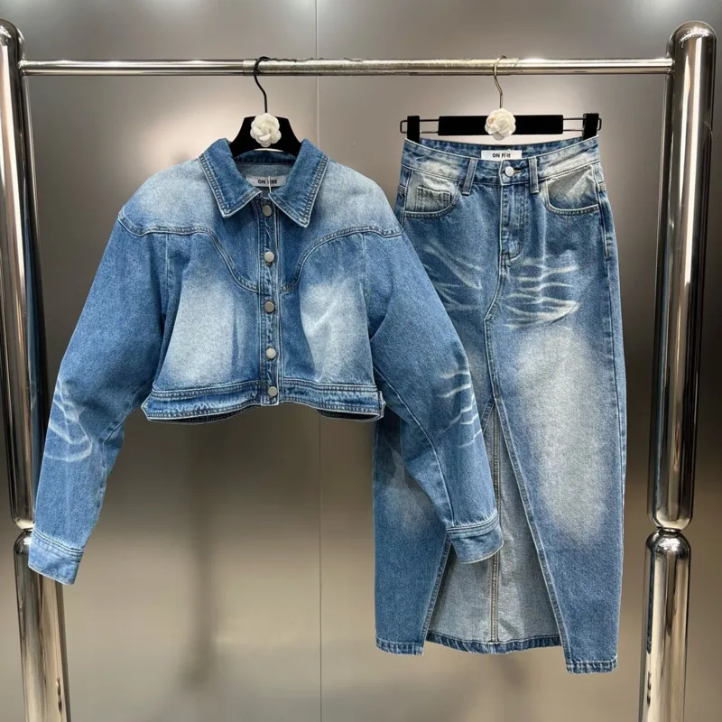 BORVEMAYS 2023 Spring New Fashion Trend Two-piece Sets Denim Skirts Women Knee-length + Lapel Single-breasted Jacket WZ623