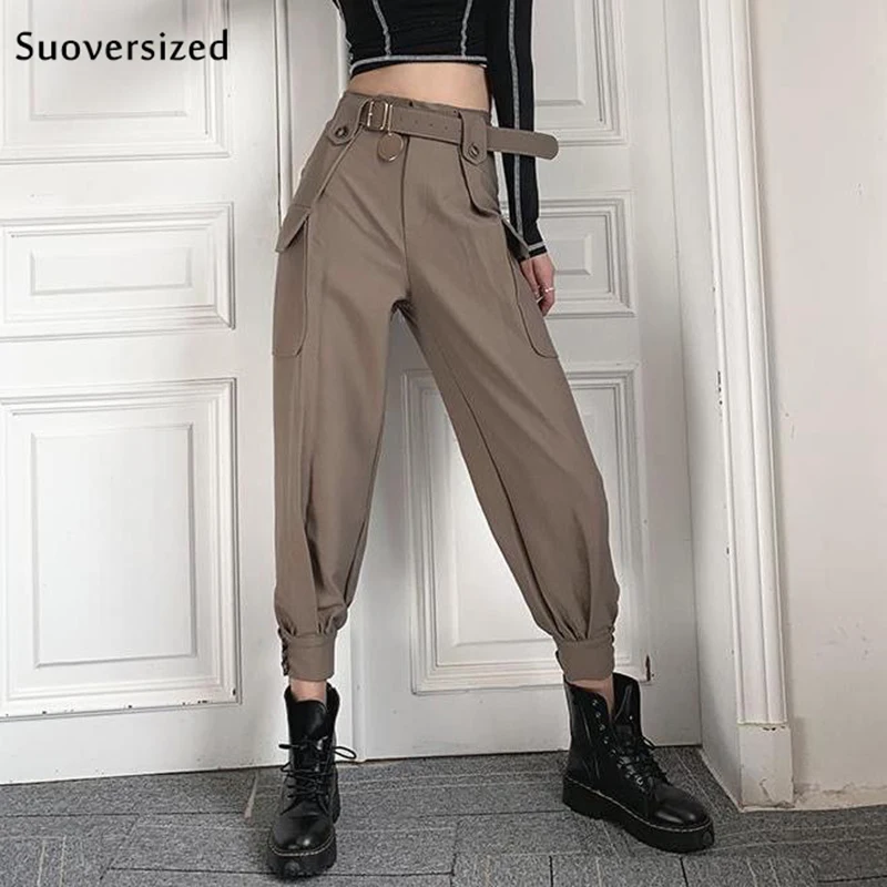 

Chic Buttons Jogging Cargo Pant High Waist Oversized 4xl Women Cool Streetwear Classic Khaki Long Pantalones White Belt 2022 New
