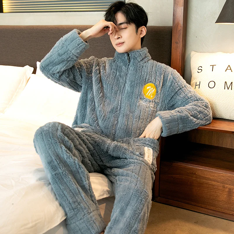 QUHENG Flannel Pajam Men Sets Autumn Winter Men Long Sleeved Trousers Coral Fleece Home ClothesThick Warm Suit Sleepwear