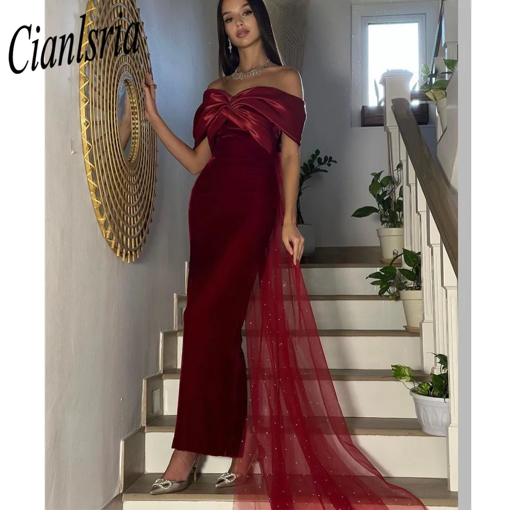

Luxury Red Prom Dresses With Cape Elegant Sequin Velvet Arabic Women Formal Evening Dress 2023 فساتين السهرة