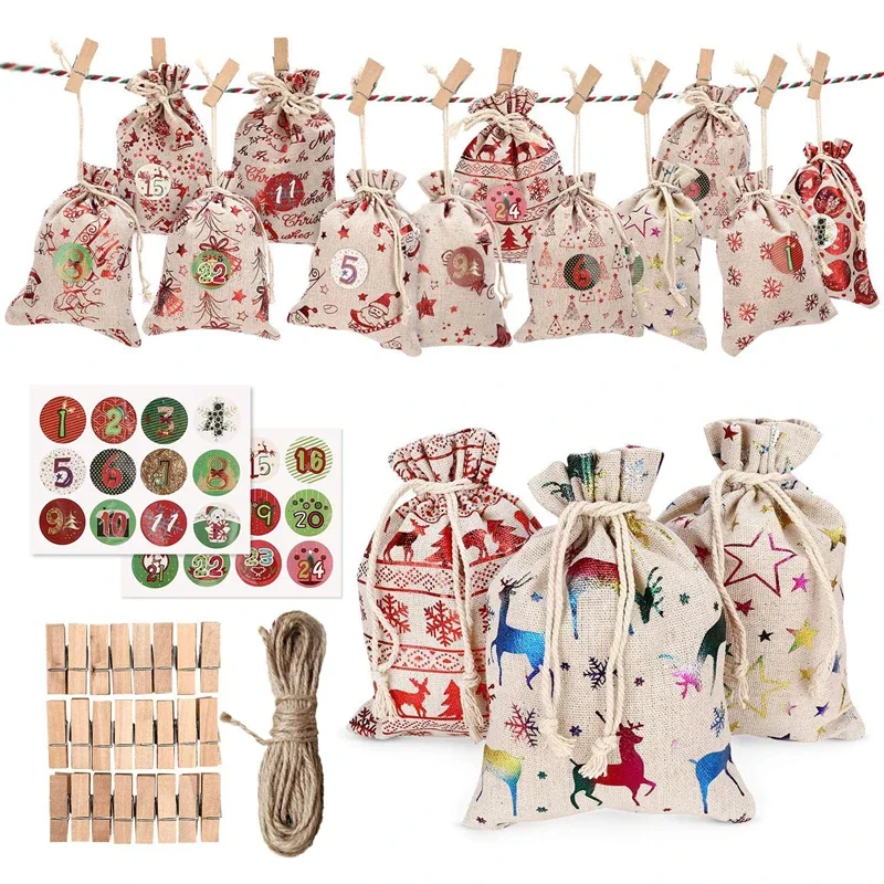 

24pcs Christmas Advent Calendar Bag Decorated and Hanging Sacks Advent Calendar Christmas Cotton Sack Set Christmas Gift Bags