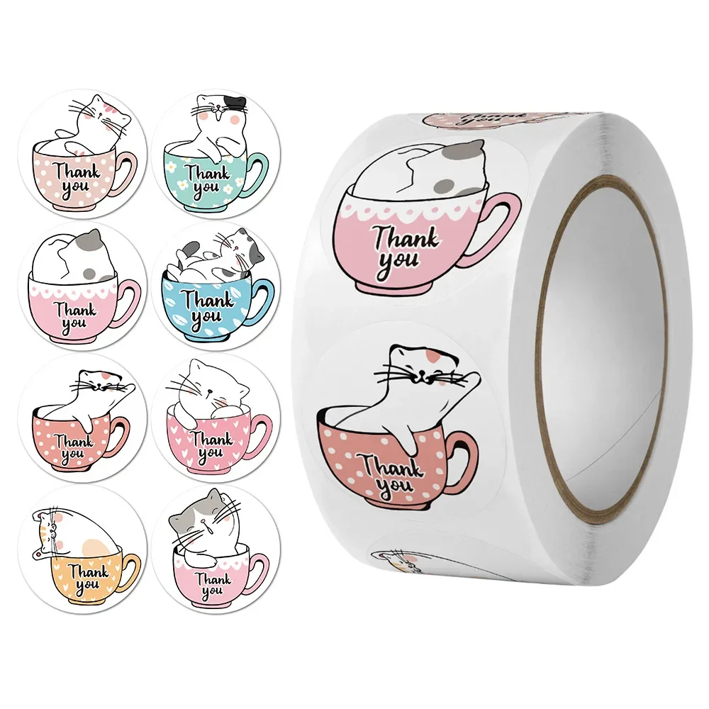 

500pcs Kawaii Cat Thank You Stickers Round Cartoon Animal Adhesive Seal Labels for Greeting Cards Gift Decor Stationery Decals