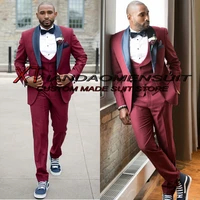 burgundy mens suits wedding tuxedos formal party jackets pants vests three piece slim fit outfits conjuntos de chaqueta
