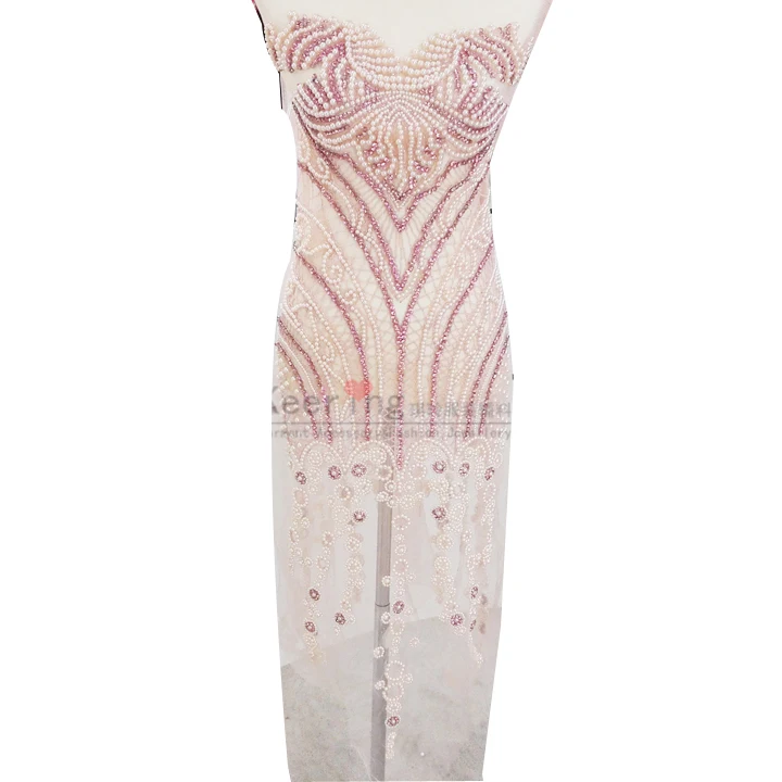 

WDP-022 Pink and pearl white beaded rhinestone applique patches for dress wholesale