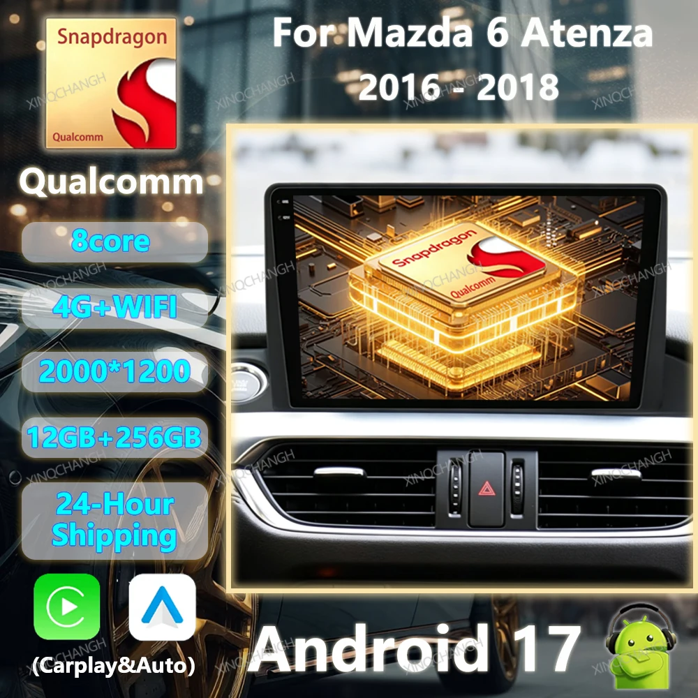 Фото Автомагнитола Android 17 с Carplay и Auto для Mazda 6 Atenza 3 2016-2018, головное устройство 2DIN QLED, GPS, мультимедийный видеоплеер, BT, 4G, WIFI №1