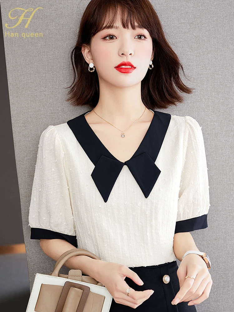 

H Han Queen 2023 New Blouse Women Spring Summer Color Blocking Shirts Office Work Chiffon Blouse Short Sleeve Vintage Loose Tops