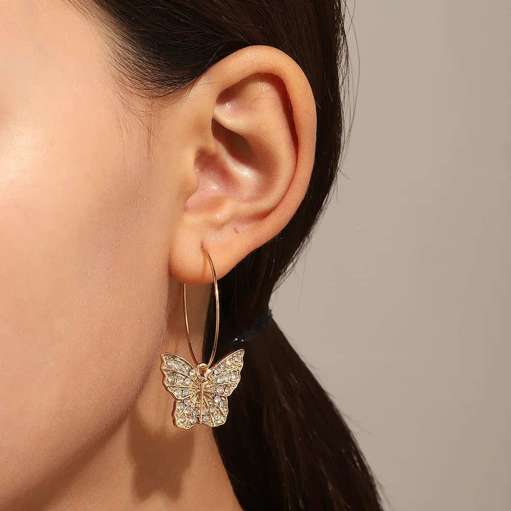 

Stylish Crystal Butterfly Statement Hoop Earrings for Women Hip Hop Simple Rhinestone Animal Earrings Wholesale Girl Jewelry