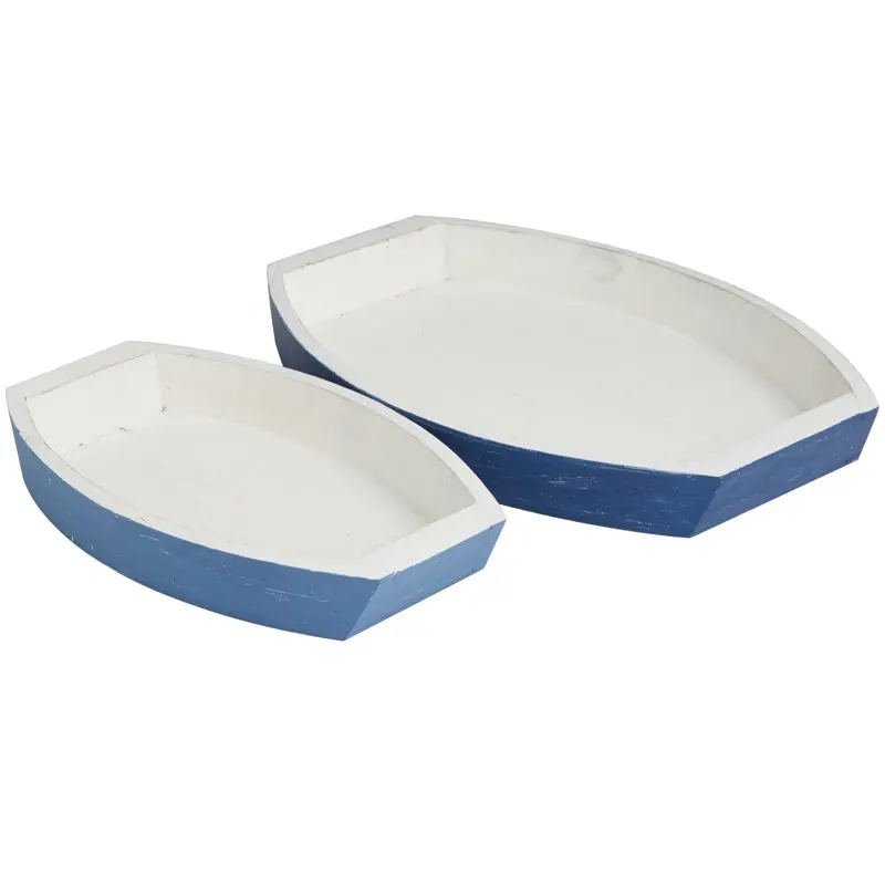 

17", 13"W Blue Wood Handmade Distressed Two Toned Boat Tray, 2-Pieces