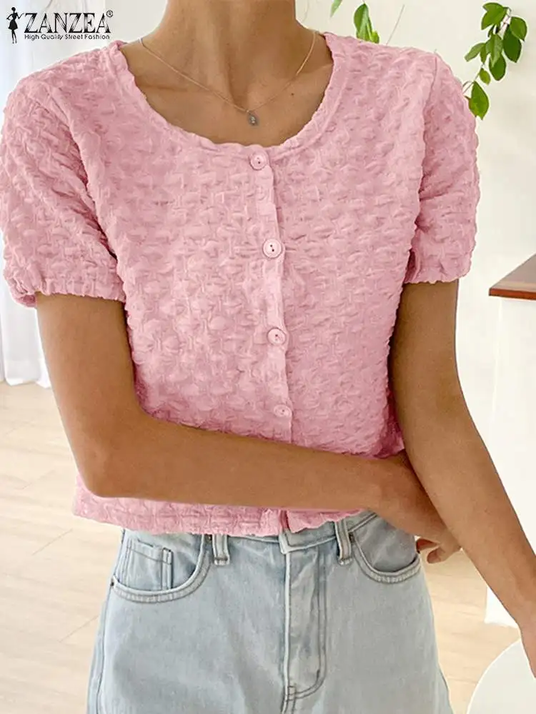 

Летняя Клетчатая текстурная рубашка ZANZEA, женская модная Корейская блузка Y2K с круглым вырезом, короткие топы с коротким рукавом, повседневн...