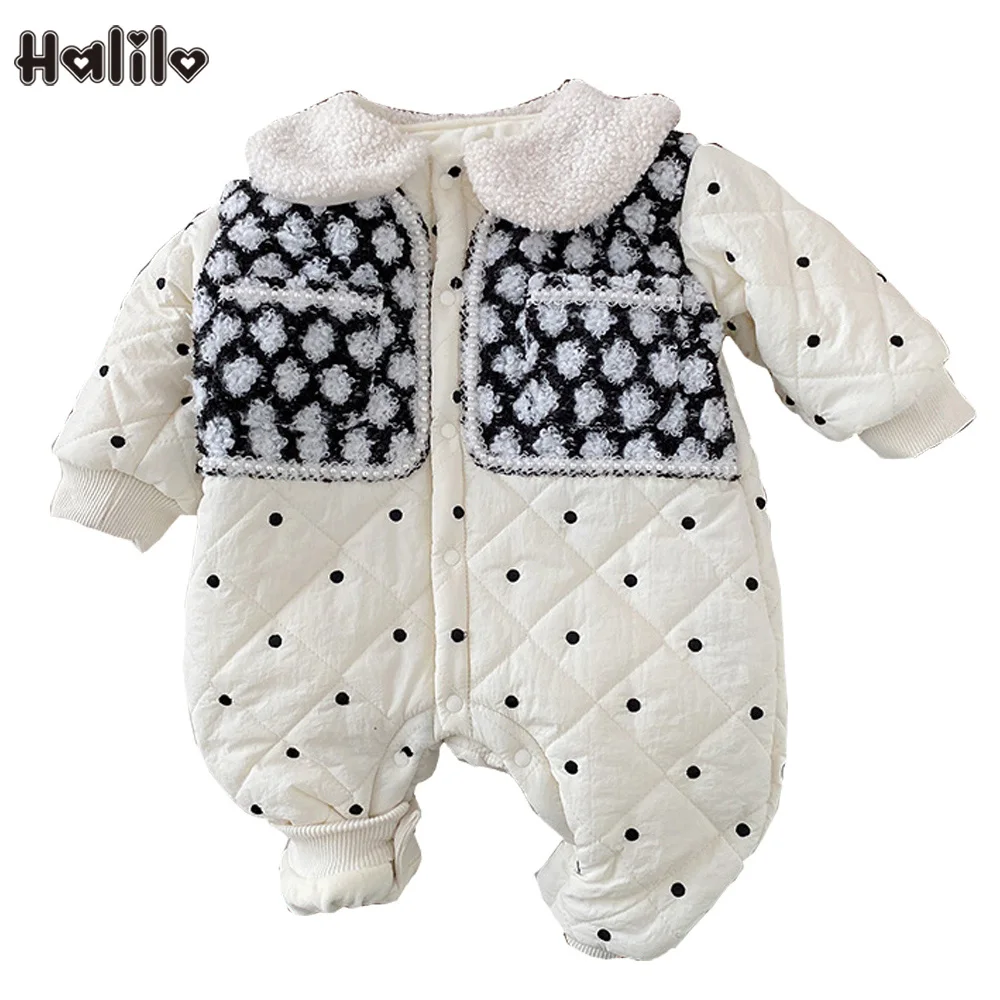 

Halilo My First Christmas Детские комбинезоны для мальчиков и девочек в горошек отложной воротник плюс бархатная утолщенная теплая зимняя одежда для н...