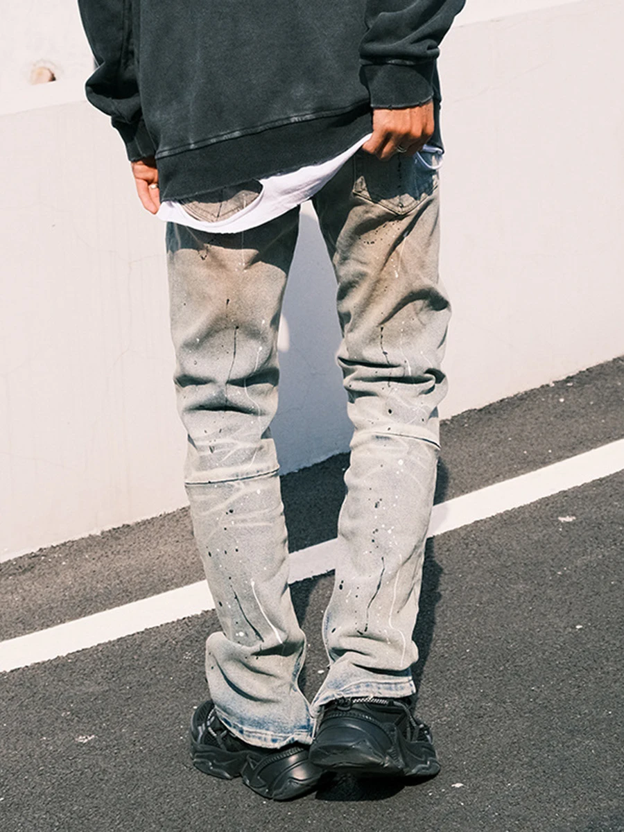 Four Seasons High Street Splashing Ink Hole Jeans Graffiti Style Men's Straight Trousers Y2k Men's Jeans Streetwear Ins Hot Sale