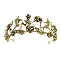 baroque vintage gold color pearl leaf bridal tiara crystal crown hairband headpiece wedding hair accessories headband jewelry