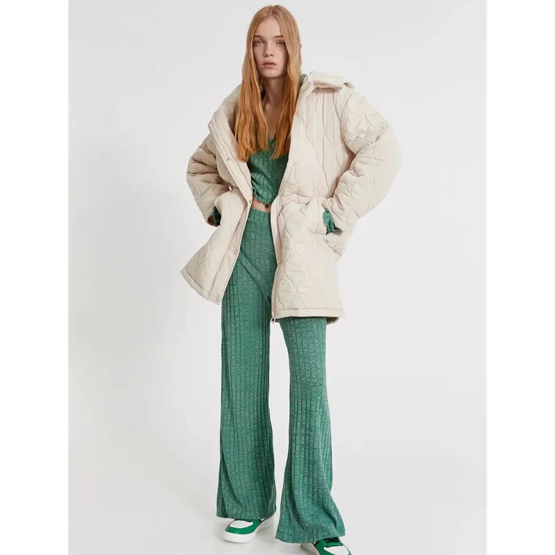 

Women Creamy-White Medium And Long Down Clothes Diamond Lattice Fashion Warm Hooded Coat Casual Puffer Padded Outwear Winter