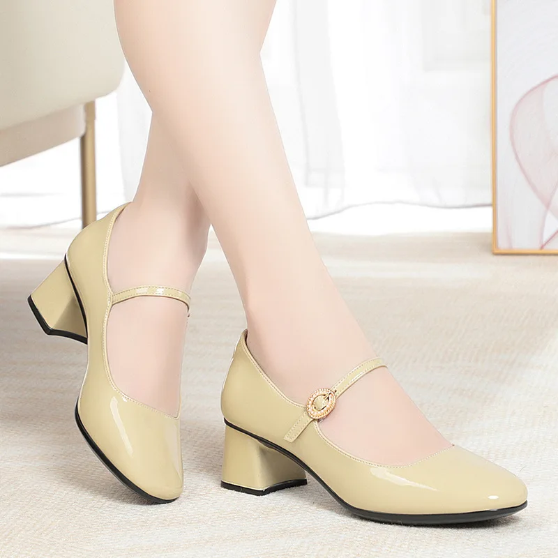 Mother'S Shoes Soft Leather Soft Bottom Women'S Shoes 2023 New Work Shoes Ladies Leather Spring Summer Single Shoes High-Heeled
