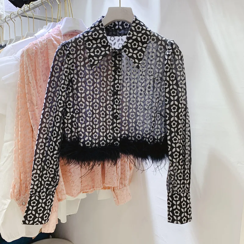 

Женская короткая блузка с принтом, модная брендовая винтажная рубашка с отложным воротником и кисточками, с подолом и перьями, осень 2022