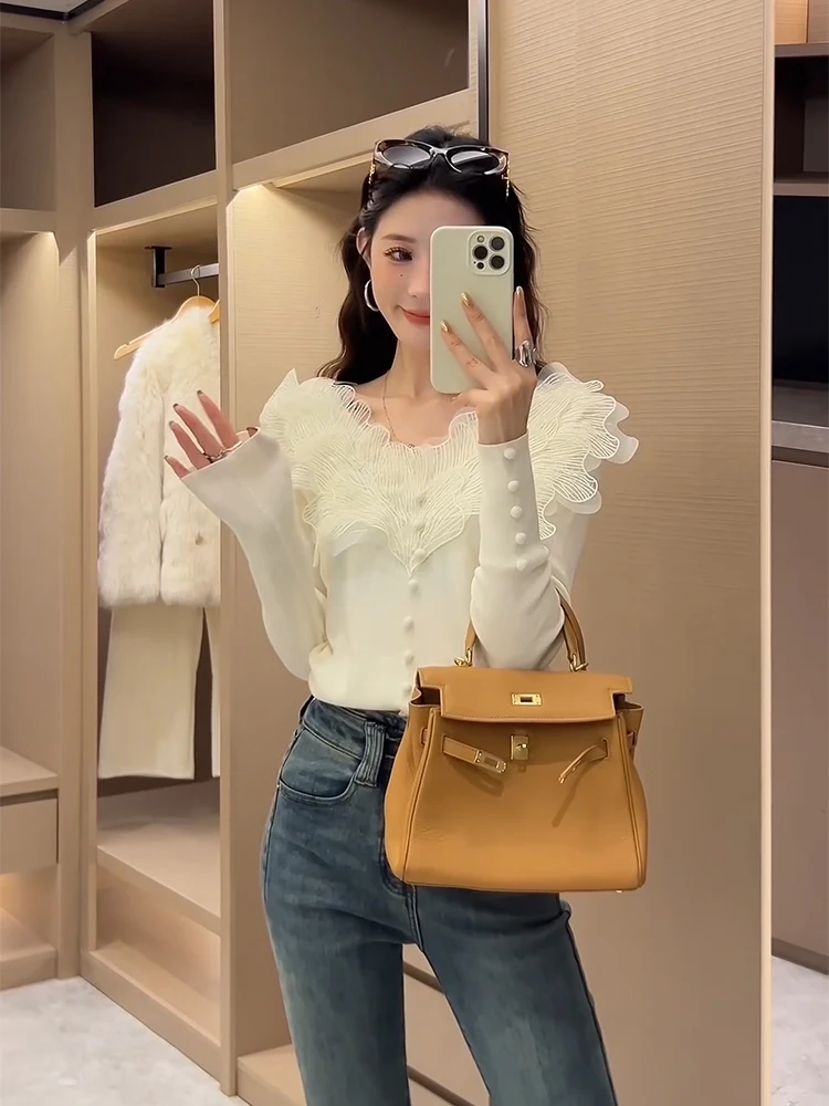 Французская изящная кружевная цветочная лоскутная трикотажная рубашка с