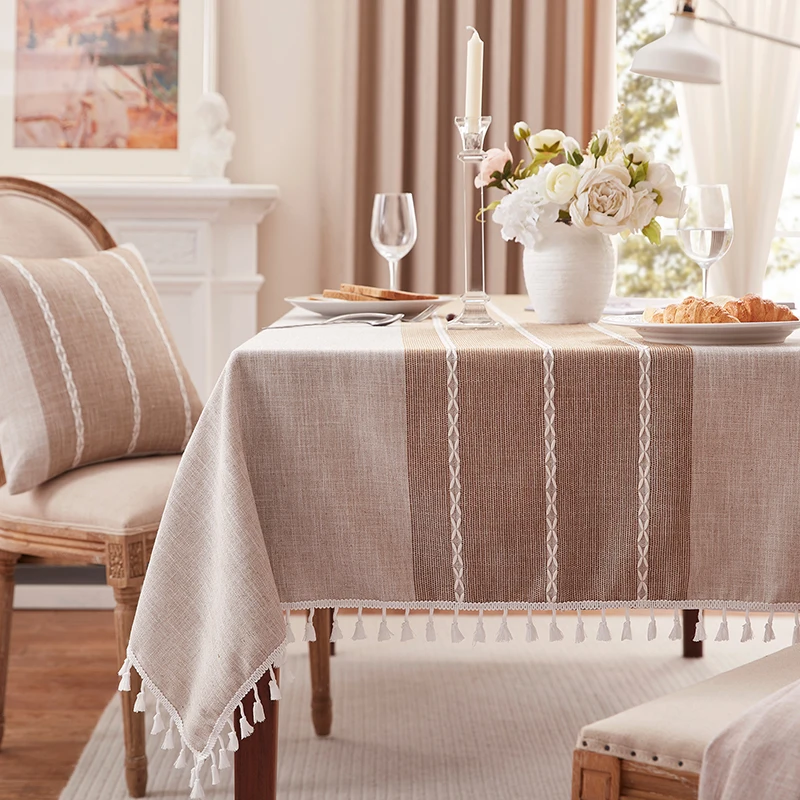 

Linen Tablecloth Tassel Rectangular Coffee Striped Table Cloth Kitchen Embroidered Dining Table Cover for Home Decoration