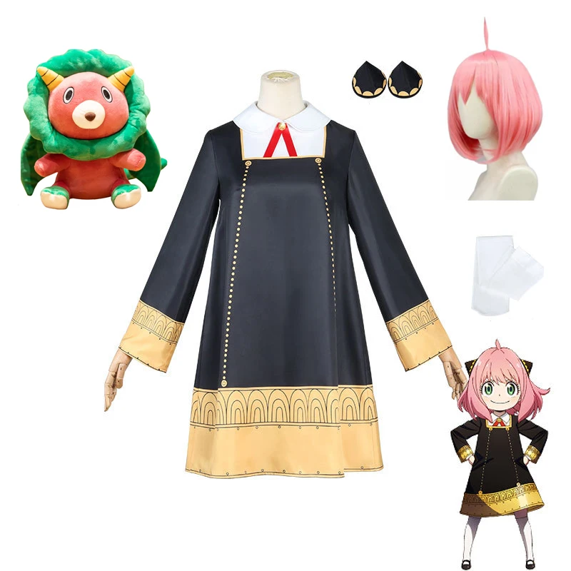 

Anime SPY FAMILY Anya Forger Cosplay Costume Toddler Kids Anya Cosplay Women Girl Kawaii Black Dress Party Clothes Wig Halloween