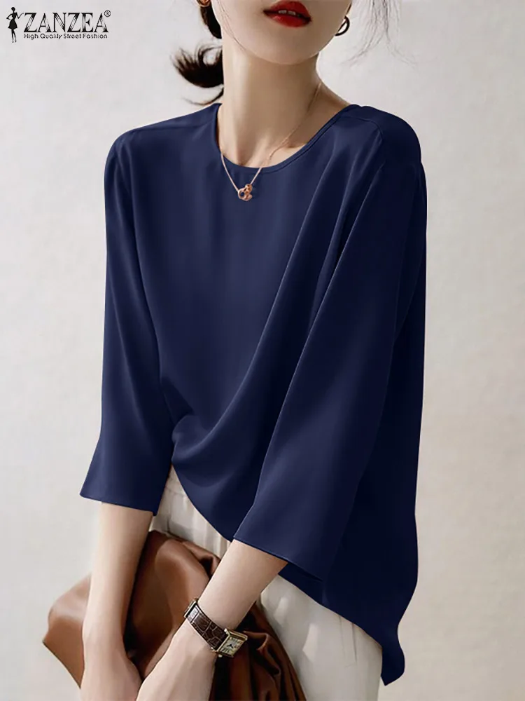 

ZANZEA Summer Women Vintage Blouse Short Sleeve O-Neck Solid Silk Shirt Femme Fashion Casual Elegant Holiday Oversized Tops 2022