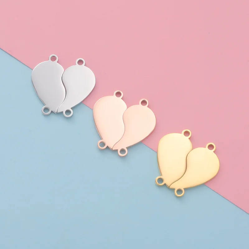 

2 Hole Stainless Steel Heart Puzzle Charm Blank For Engrave Metal Broken Heart Tag Connector For Bracelet Polished 10pair