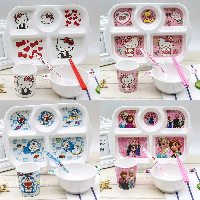

Sanrio Hello Kitty Cartoon Dinner Plate Doraemon Frozen Children Eating Utensils Baby Bowl Mug Spoon Chopsticks Five-Piece Set