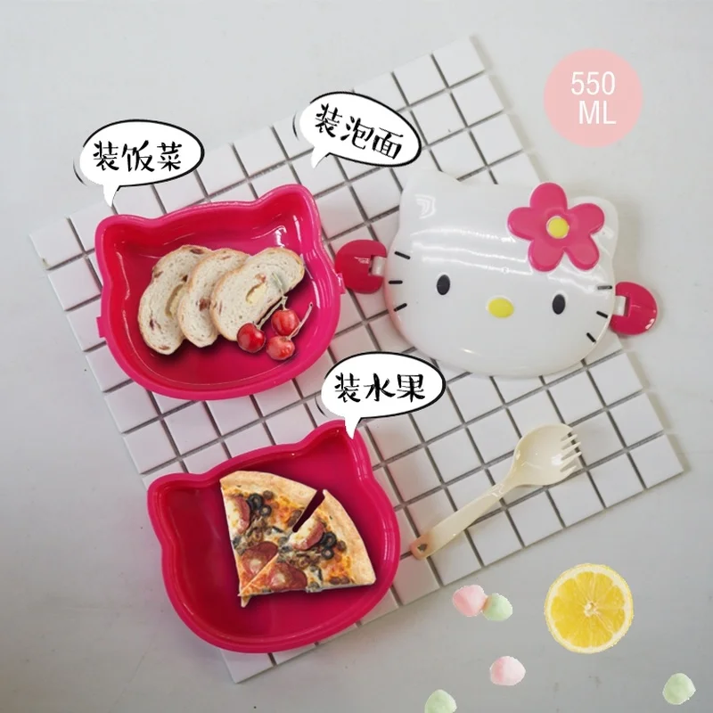 

Hello Kitty Kawaii Double Layer Lunch Box Cartoon Modeling School Office Worker Bento Plastic Tuck Box