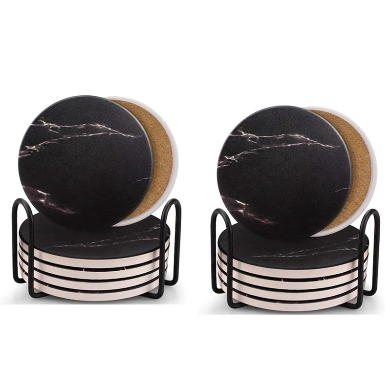 

New Coasters For Drinks, Ceramic Stone Coaster Set With Metal Holder Stand, Cork Base, Marble Surface Pattern Set Of 12