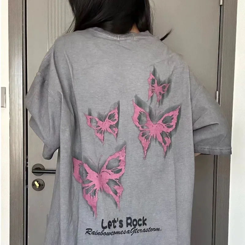 

Свободные футболки в американском ретро стиле Y2k с принтом бабочек, летние женские футболки в стиле Харадзюку, модные футболки средней длины с круглым вырезом и коротким рукавом